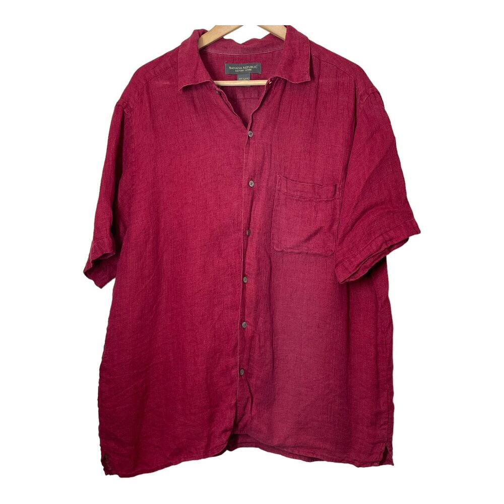 Banana Republic Red Linen Woven Short Sleeve Button Front Shirt Mens Large L